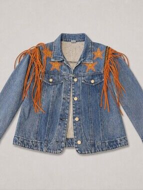 Denim Jacket with Orange Star Embroidery & Fringe